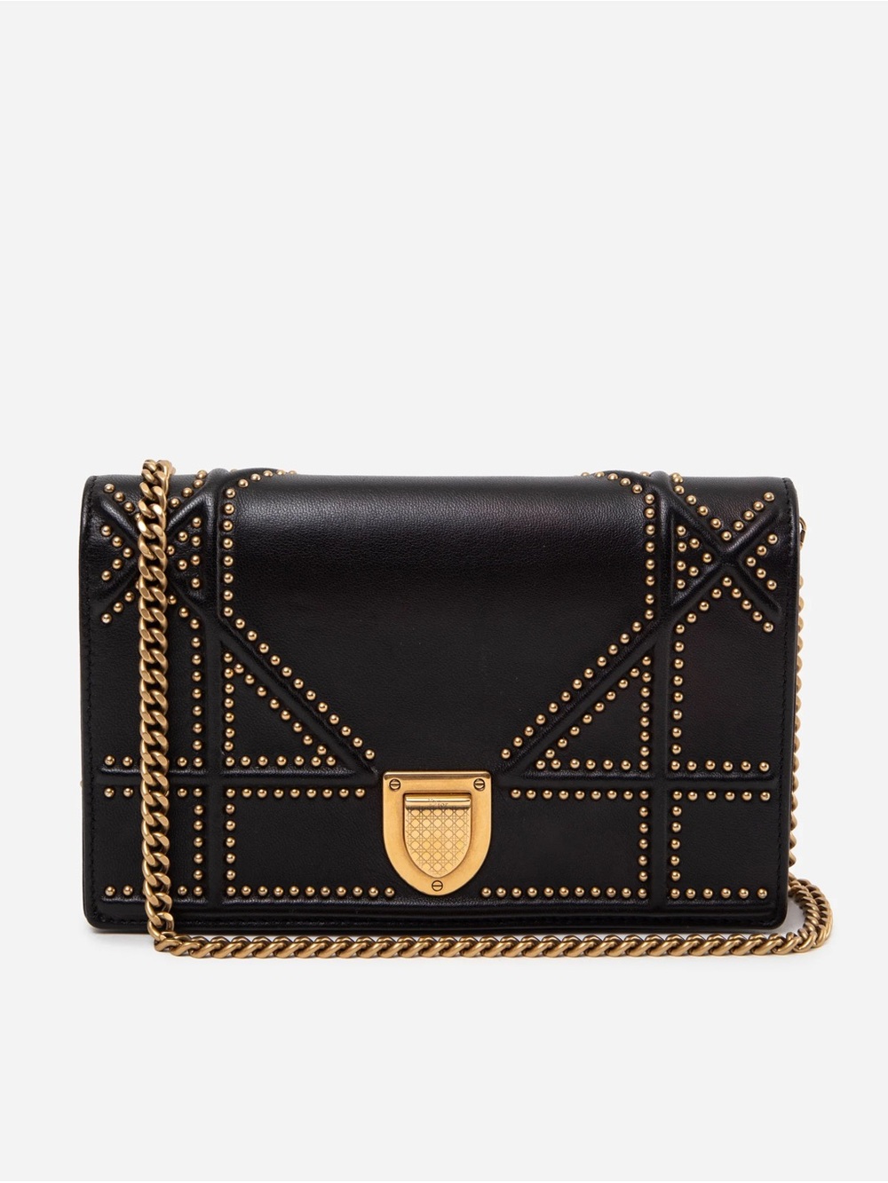 Christian Dior 2017 Black Leather Studded Diorama Wallet On Chain